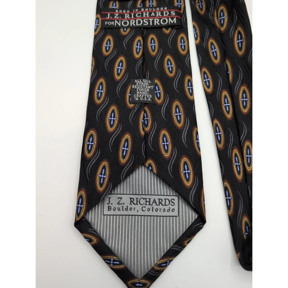 Vintage J.Z.‎ Richards Silk Tie Black Geometric Oval Medallion Pattern Made USA